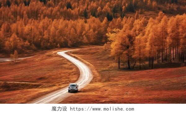 秋季新疆森林道路秋天金秋汽车行驶在公路风景自然风光